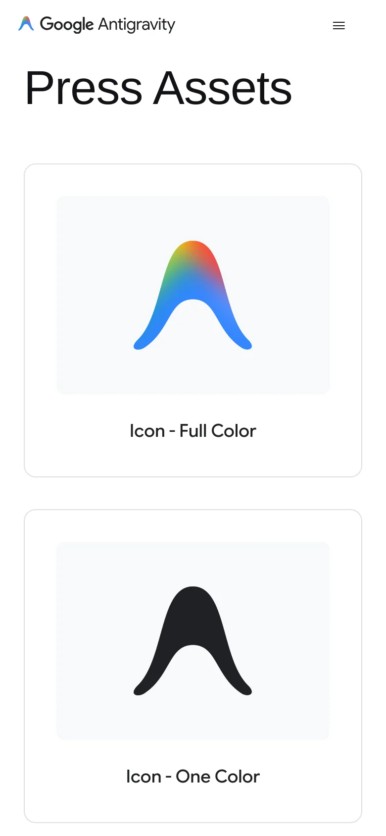 The mobile version simplifies the layout into a single-column vertical scroll, focusing on large asset cards like 'Icon - Full Color' and 'Icon - One Color'. The top navigation is replaced by a hamburger menu icon next to the Google Antigravity logo, and the grid structure from the desktop view is removed to prioritize readability on a smaller screen.