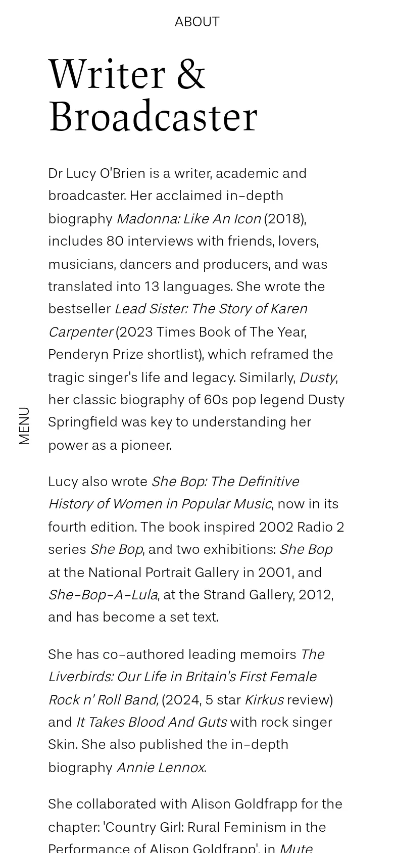 The mobile version simplifies the layout into a single vertical column. The headline 'Writer & Broadcaster' is prominently centered at the top, followed by the biographical text, with the portrait image removed from the immediate view to prioritize readability.