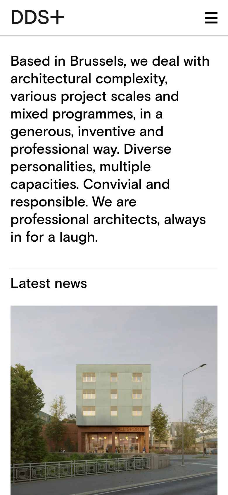 The mobile version simplifies the layout into a single-column vertical scroll, moving the navigation menu into a hamburger icon at the top right. The large hero text remains prominent at the top, followed by a stacked list of news items with large images. The overall aesthetic remains minimalist with a white background and black text.