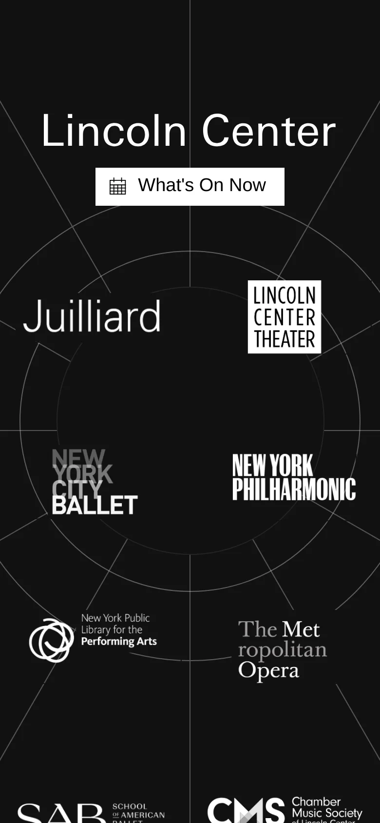 The mobile version maintains the dark theme and central 'Lincoln Center' heading with the 'What's On Now' call to action. The partner logos are rearranged from a circular radial layout into a vertical stack to fit the narrow screen, while retaining the thin white geometric line accents.