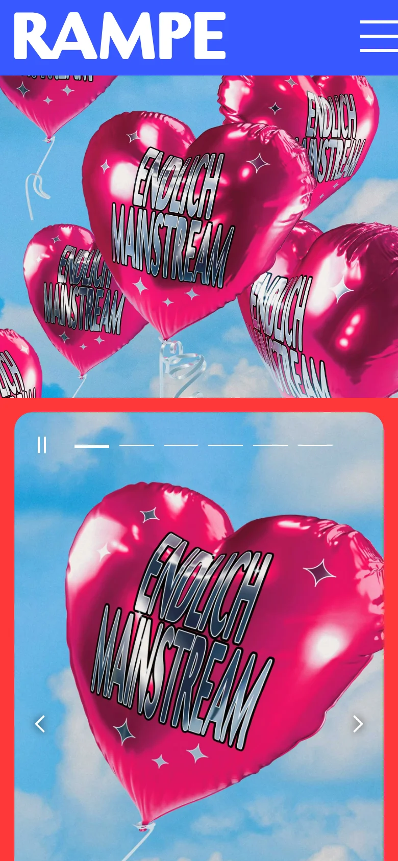 The mobile version presents a simplified layout with a blue header containing the 'RAMPE' logo and a hamburger menu icon. The hero imagery of pink heart balloons remains prominent, but the sidebar content is moved below the main image, appearing as a full-width carousel with navigation arrows and a call to action button.