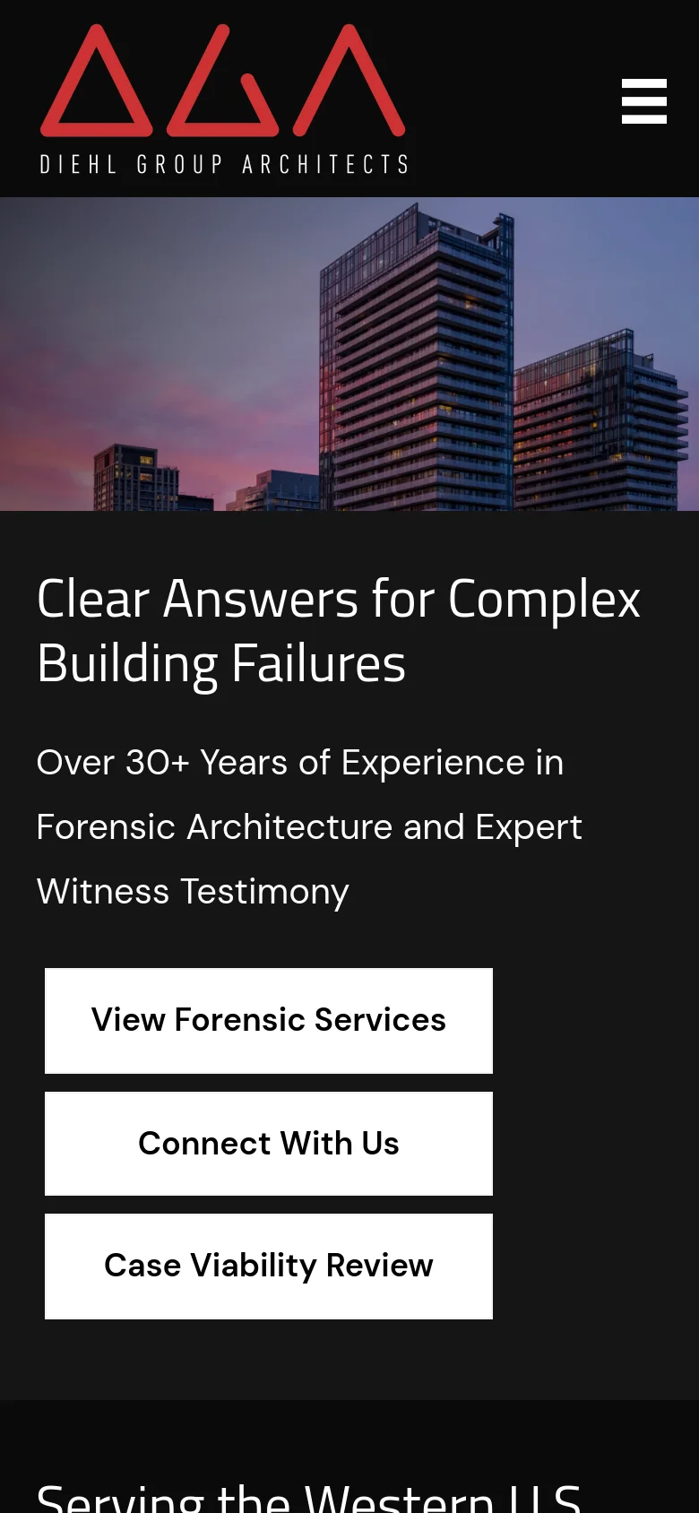 The mobile version displays a simplified dark header with the red and white logo and a hamburger menu icon. The hero section follows a vertical layout with the building photograph at the top, followed by the headline, subtext, and three stacked white call-to-action buttons.