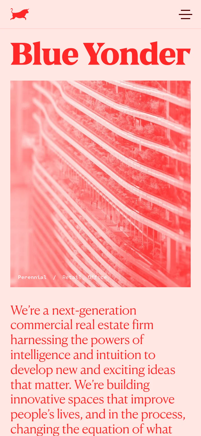 The mobile version uses a vertical layout with a red bull logo and a hamburger menu icon at the top. The large 'Blue Yonder' text is followed by a red-tinted image of a building, with the company's mission statement and descriptive text flowing underneath in a single column.