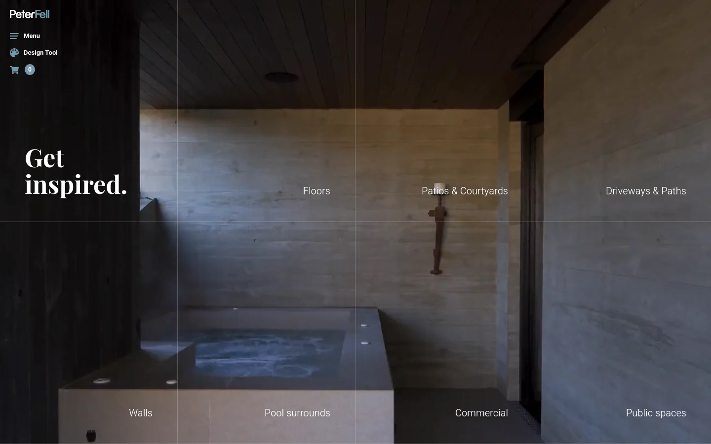 The desktop homepage features a large, cinematic hero image of a modern concrete interior with the headline 'Get inspired.' A navigation menu is located at the top left, and the background is divided into a grid overlaying the image, with text labels for different concrete applications like Floors, Patios & Courtyards, and Driveways & Paths.