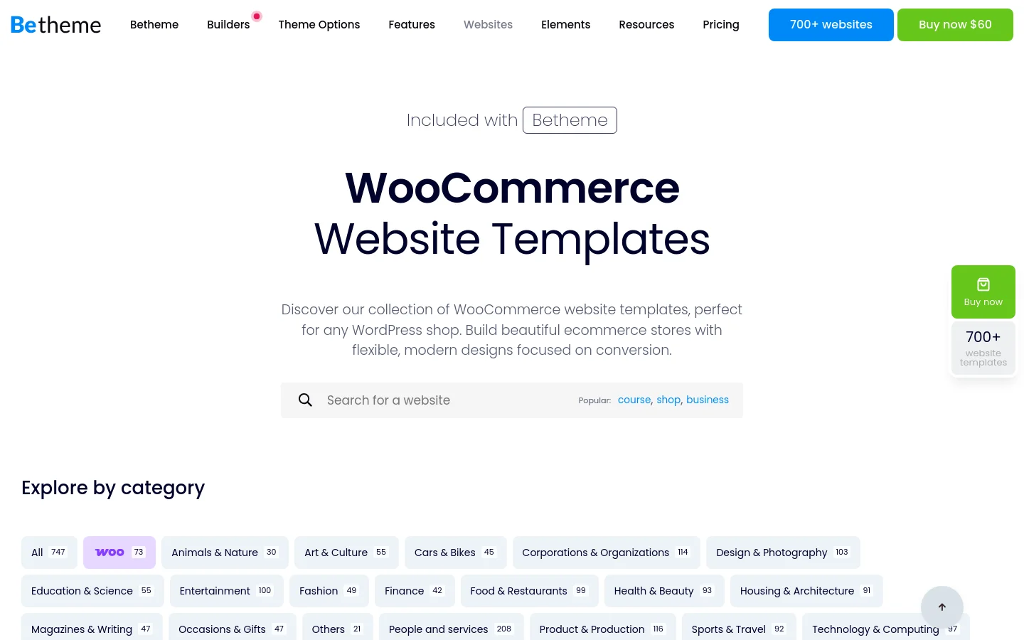 Desktop view of the WooCommerce Website Templates page featuring a clean white background and dark blue typography. A large headline reads 'WooCommerce Website Templates' above a search bar with popular tag suggestions. Below, an 'Explore by category' section displays various niche categories as rounded pill-shaped buttons with item counts.
