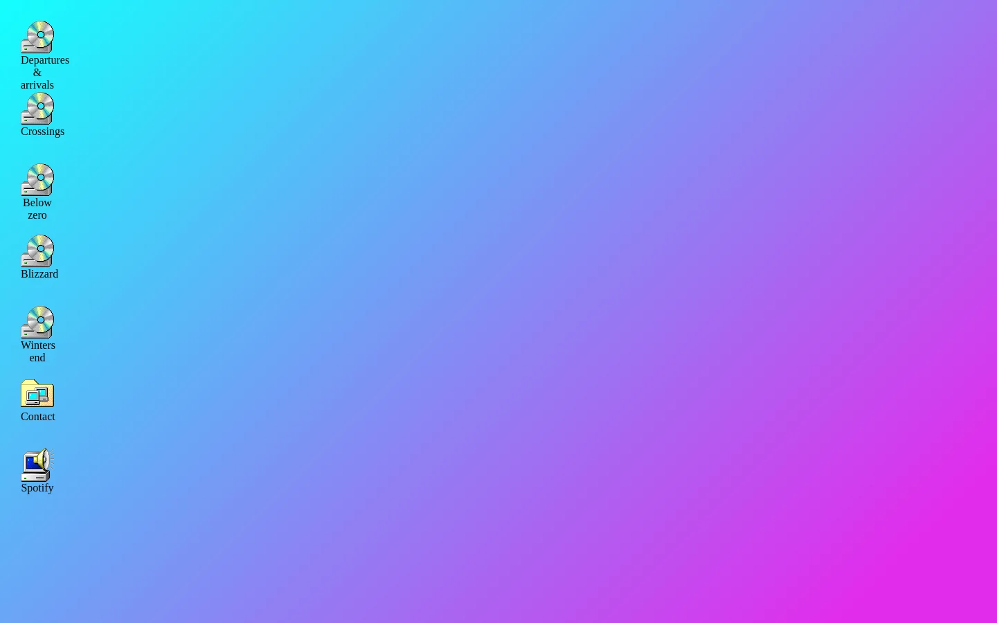 The desktop homepage features a vibrant cyan to purple gradient background. A vertical navigation menu on the left side consists of small, colorful retro-style computer icons paired with text links for Departures & arrivals, Crossings, Below zero, Blizzard, Winters end, Contact, and Spotify.