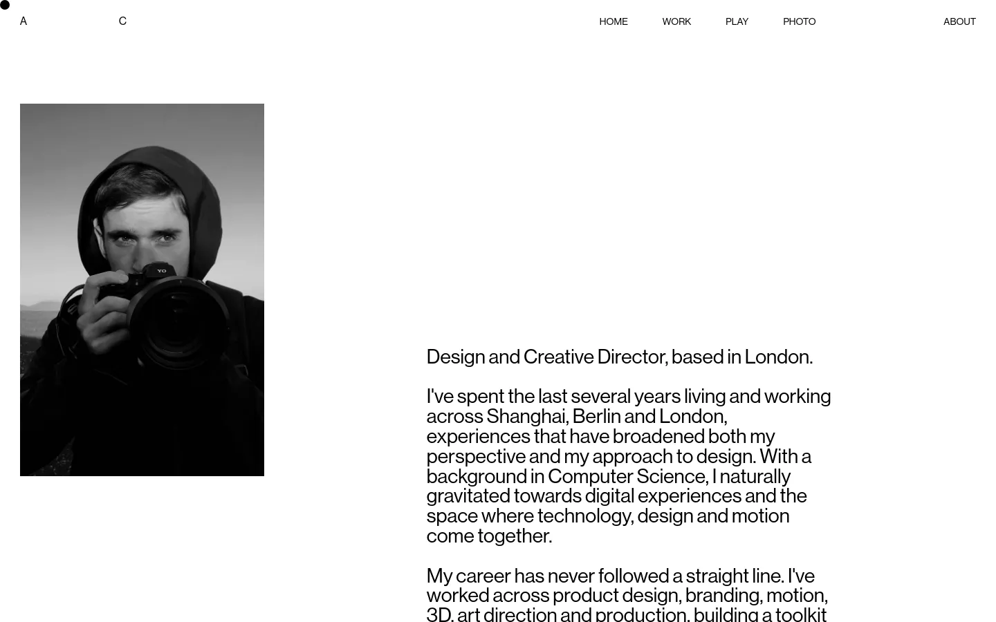 The desktop About page features a minimalist white layout with a large black and white portrait of a man holding a camera on the left. To the right, a biographical text describes Adi Constantin as a Design and Creative Director, followed by lists of clients and agencies. A clean navigation menu is positioned at the top right.