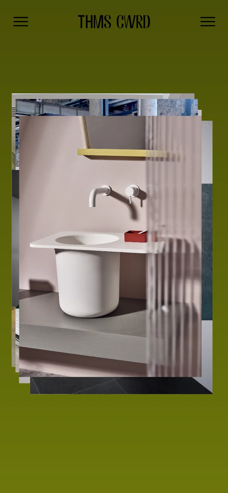 The mobile version shifts to an olive green background with a hamburger menu icon on both sides of the 'THMS CWRD' header. Below the header, a large, layered collage of interior design images featuring a white pedestal sink and minimalist bathroom fixtures is displayed.