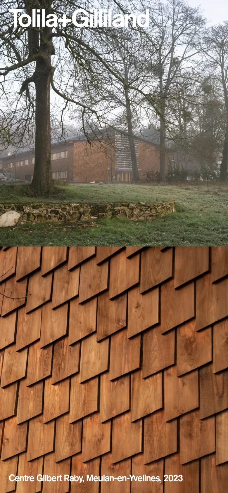 The mobile version presents a vertically stacked layout with large, full-width photographic sections. It features close-up architectural details, such as wooden shingles and a building in a misty landscape, with text overlays for project names and locations at the bottom of each image.