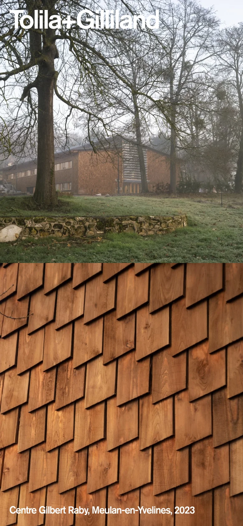 The mobile version presents a vertically stacked layout with large, full-width photographic sections. It features close-up architectural details, such as wooden shingles and a building in a misty landscape, with text overlays for project names and locations at the bottom of each image.