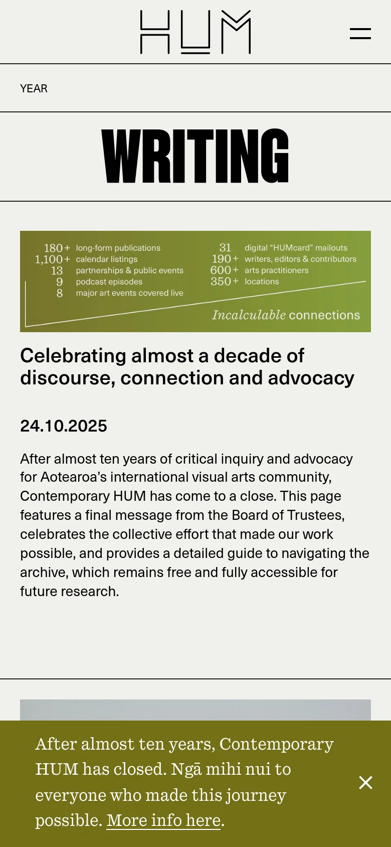 The mobile version simplifies the layout, focusing on a vertical stack of content. The large 'WRITING' header remains, but the olive green statistics banner and article sections are condensed for a narrower screen. A persistent notification bar at the bottom provides information about the organization's closure.