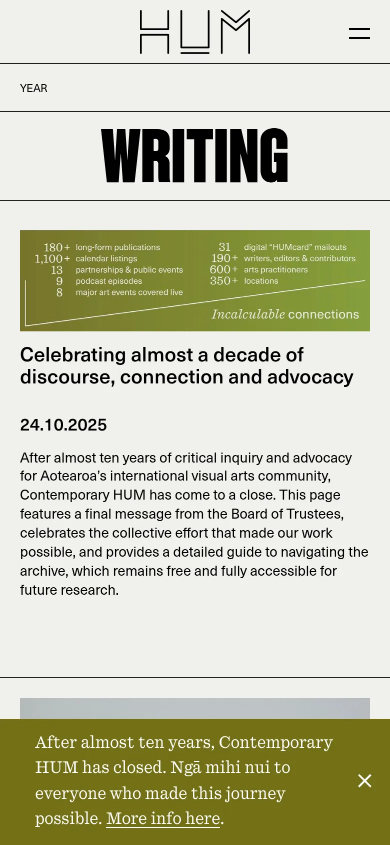 The mobile version simplifies the layout, focusing on a vertical stack of content. The large 'WRITING' header remains, but the olive green statistics banner and article sections are condensed for a narrower screen. A persistent notification bar at the bottom provides information about the organization's closure.