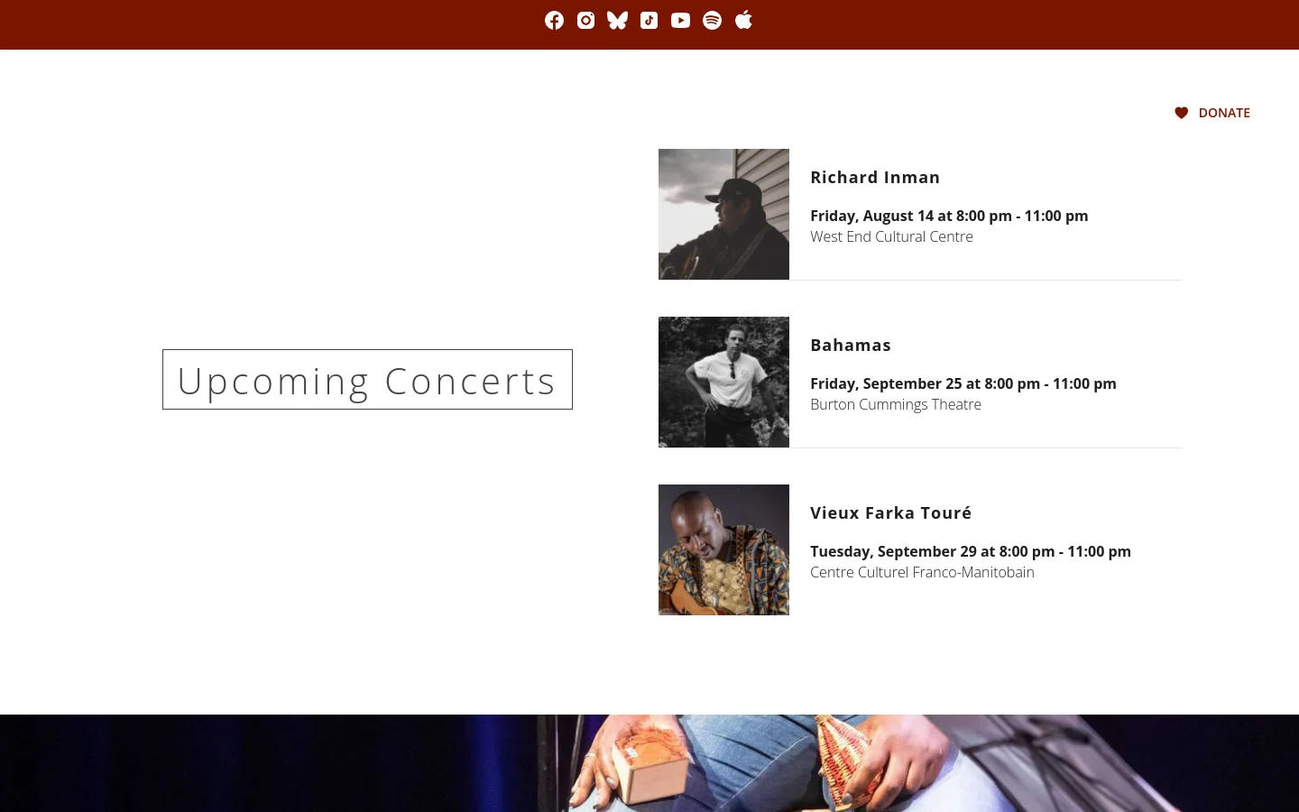 The desktop homepage features the Winnipeg Folk Festival logo at the top left, a countdown timer for the 52nd edition, and a 'Donate' button. Below, an 'Upcoming Concerts' section displays a list of artists including Richard Inman, Bahamas, and Vieux Farka Touré, each with a thumbnail image, date, and venue. The layout uses a clean white background with dark text and high-contrast imagery.