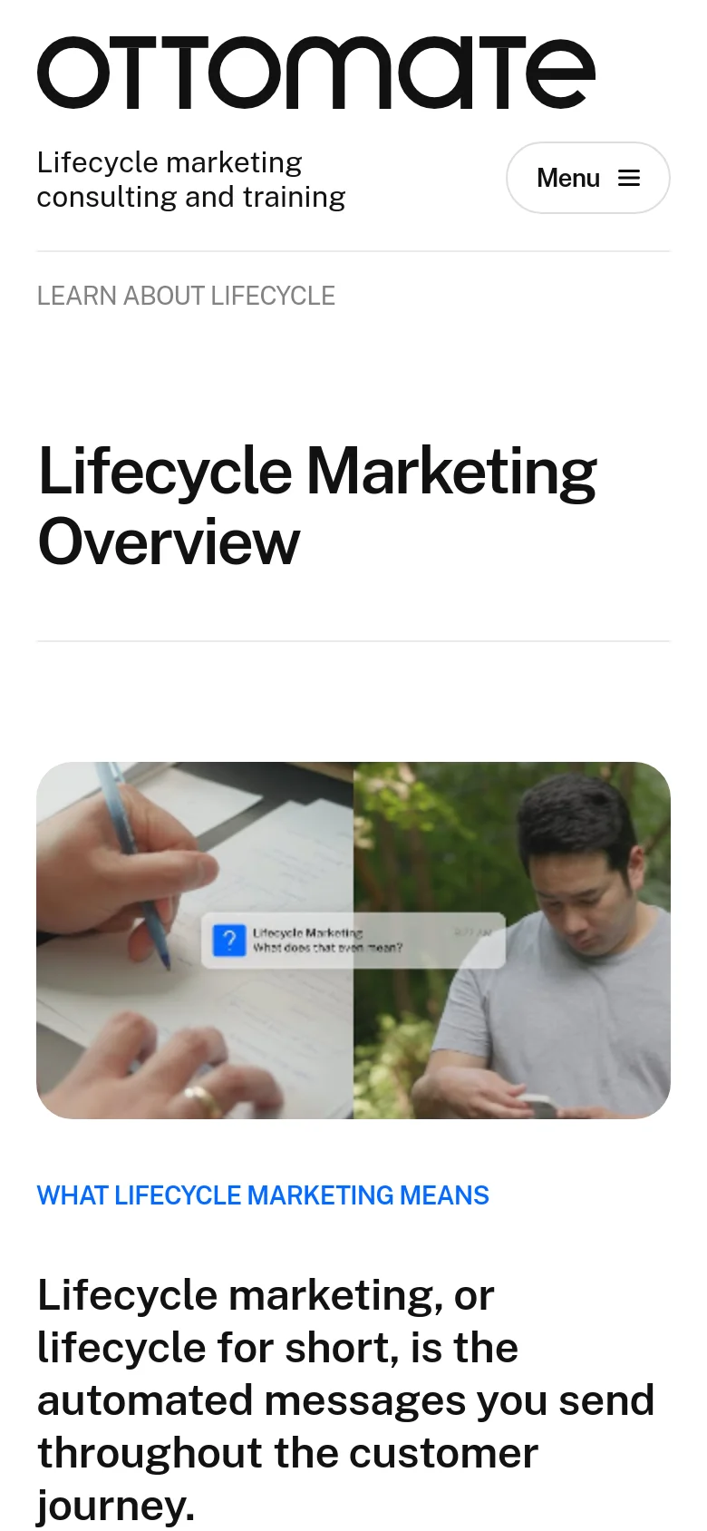 The mobile version maintains the minimalist white and black aesthetic but uses a single-column vertical layout. The header is condensed with the logo centered above the 'Menu' button, and the hero image and text blocks are stacked vertically for easier scrolling on a narrow screen.