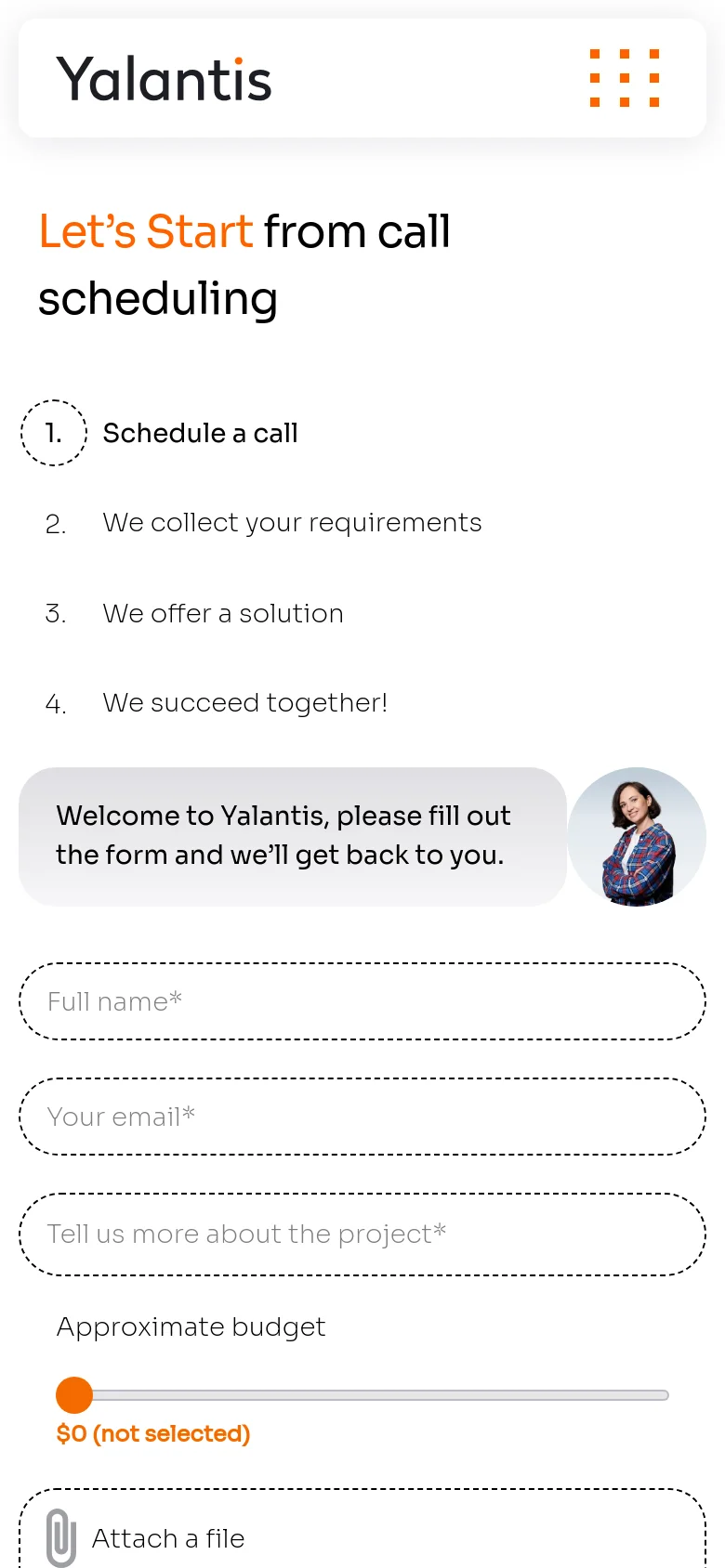 The mobile version simplifies the layout into a single vertical column, placing the heading and four-step process at the top followed by the contact form. The form fields, including the budget slider and file attachment, are stacked vertically to fit the narrow screen width. The overall color scheme remains white with black text and orange accents, optimized for vertical scrolling.