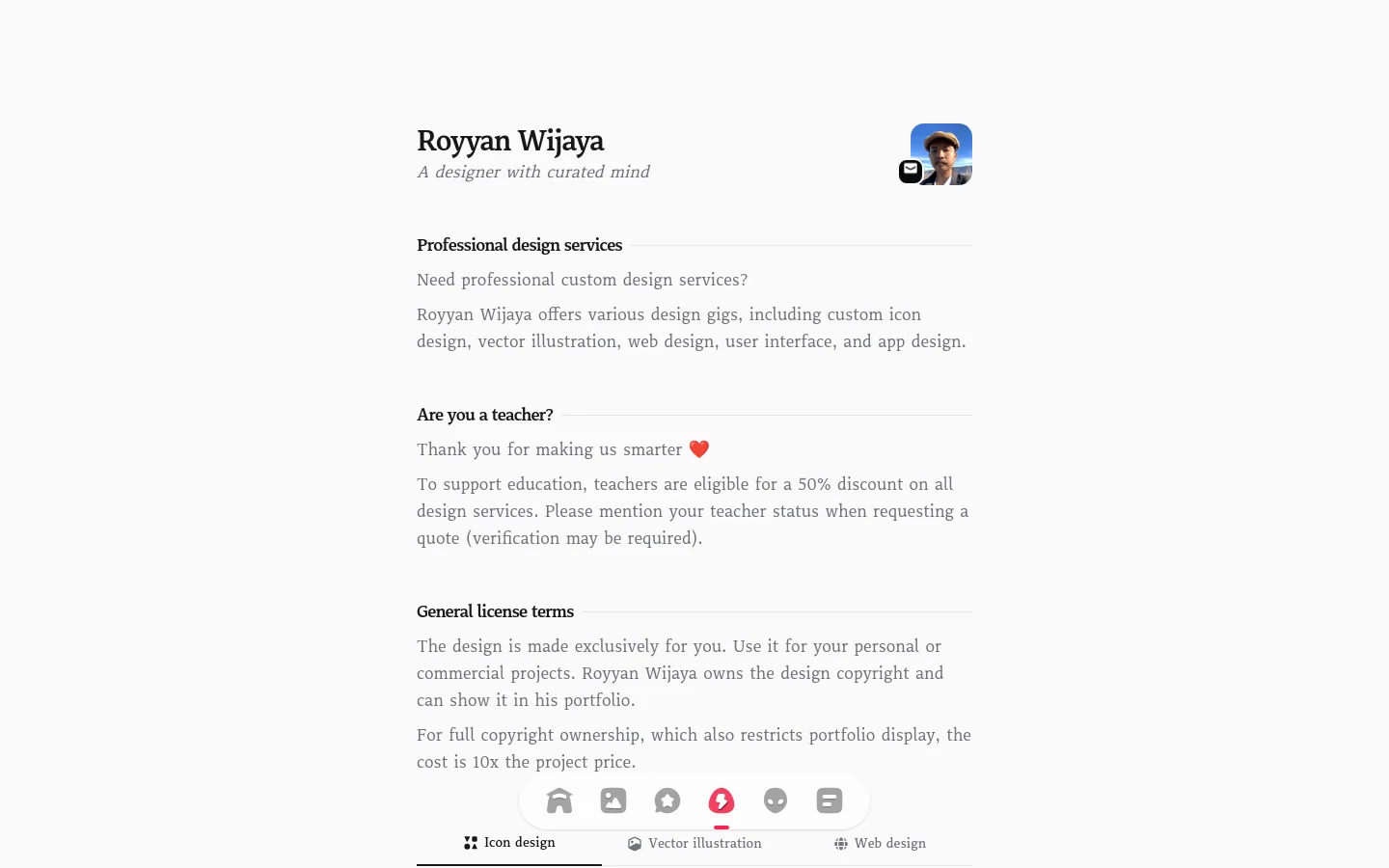 The desktop version features a clean, minimalist layout with a white background and dark text. It includes the designer's name, a profile photo, and sections for professional services, teacher discounts, and licensing terms, followed by a large showcase image of various icon designs.