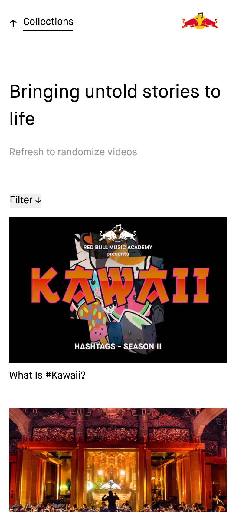 The mobile version uses a single-column vertical layout to display content on a white background. The headline and 'Refresh to randomize videos' text are centered, followed by a 'Filter' dropdown and large, full-width video thumbnails that stack vertically. The navigation is simplified, focusing on the primary video content and series titles.
