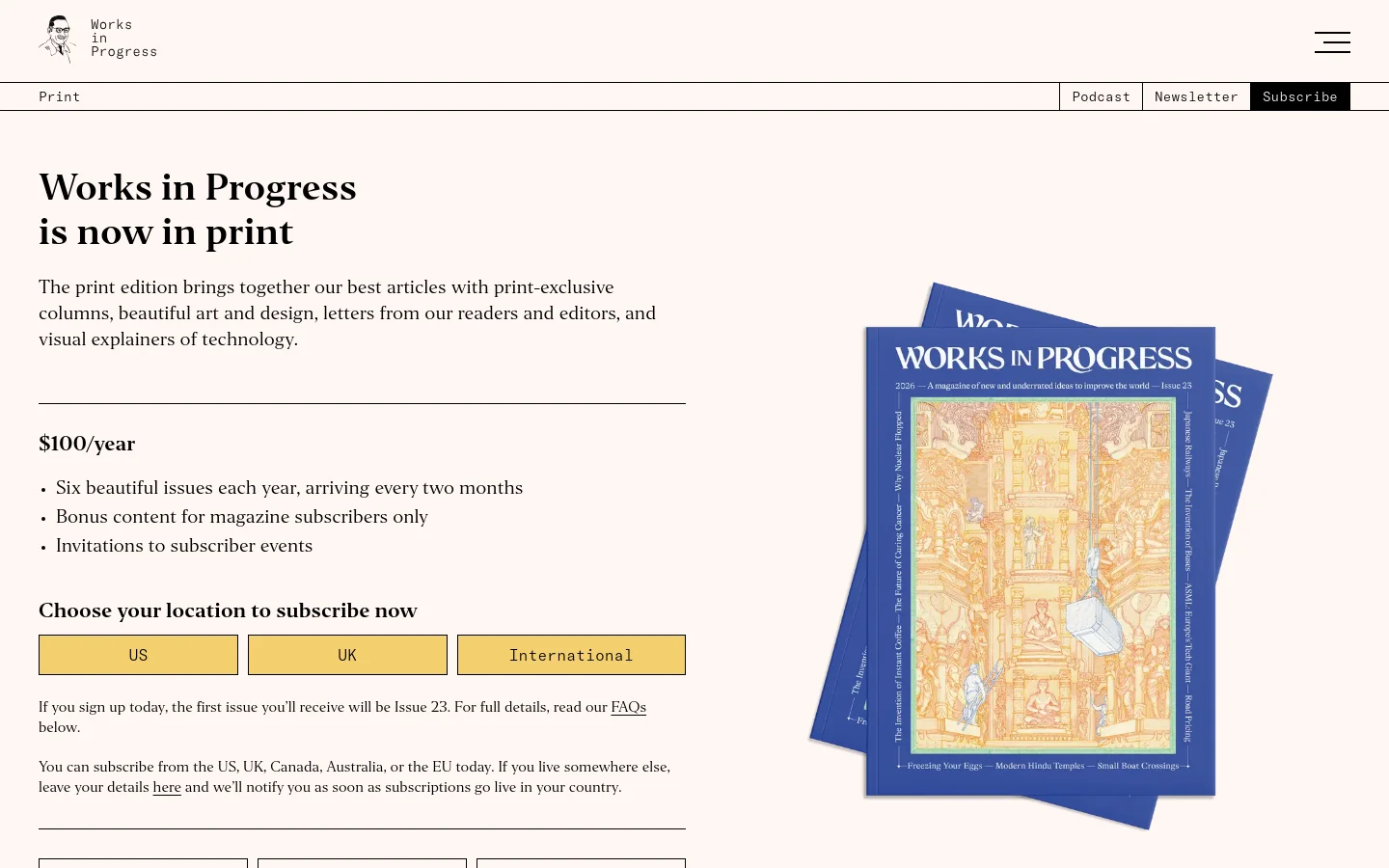 The desktop page features a clean, minimalist layout with black text on a white background. On the left, a headline announces the print edition, followed by pricing details, subscription benefits, and country selection buttons in a pale yellow. On the right, a large, high-quality mockup of a magazine cover is displayed, showing an intricate illustration of classical architecture.
