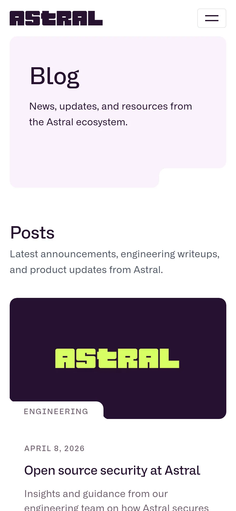 The mobile version maintains the light pink hero section with the 'Blog' headline and description but uses a simplified layout. The navigation is condensed into a hamburger menu icon in the top right, and the blog posts are stacked vertically in a single-column format for easier scrolling.
