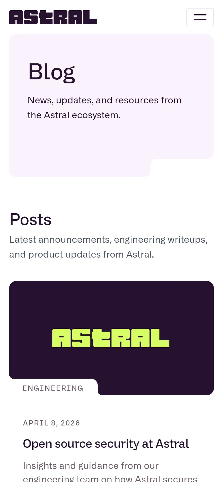 The mobile version maintains the light pink hero section with the 'Blog' headline and description but uses a simplified layout. The navigation is condensed into a hamburger menu icon in the top right, and the blog posts are stacked vertically in a single-column format for easier scrolling.