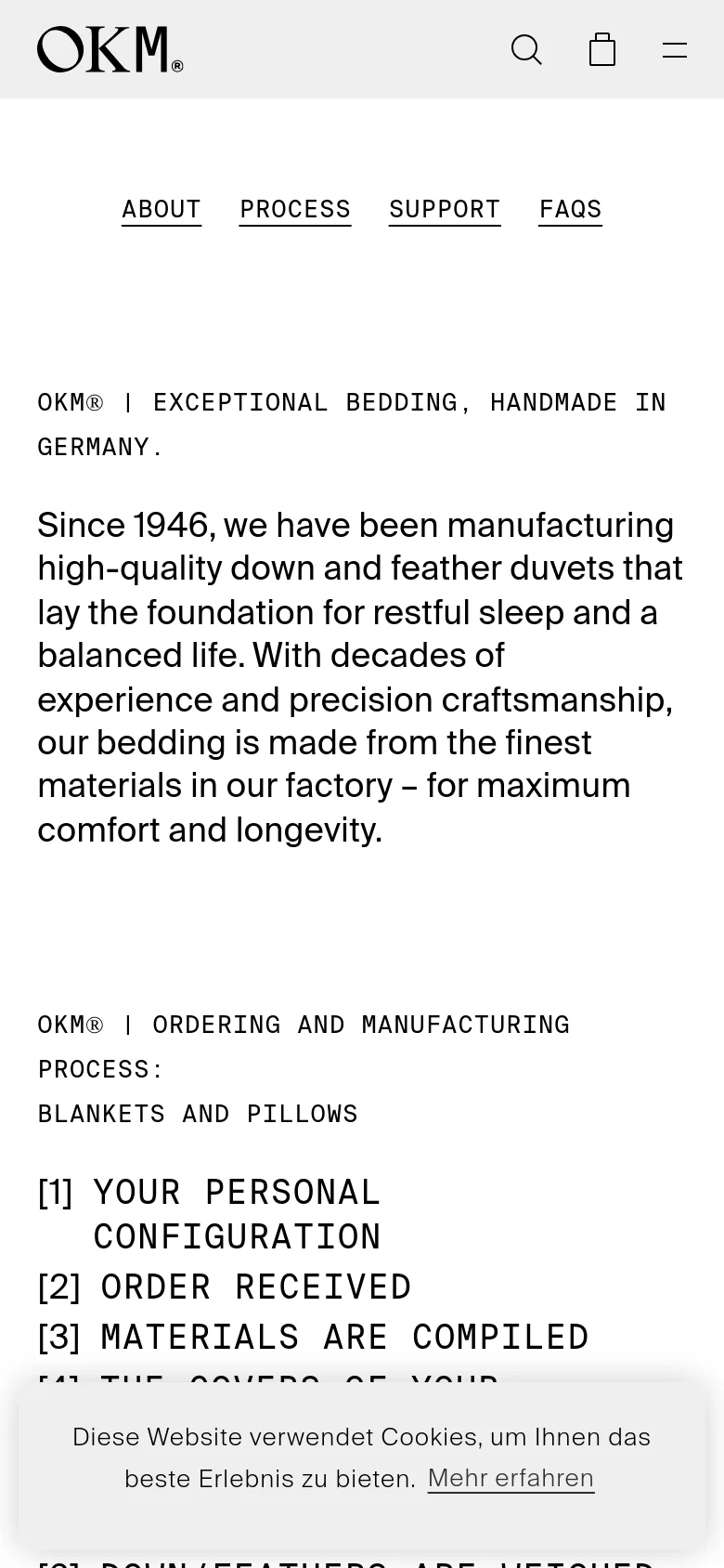 The mobile version maintains the clean white and black aesthetic but uses a condensed layout with a hamburger menu and a search icon in the header. The content sections, including the manufacturing process list and FAQ accordions, are stacked vertically for easier scrolling on a narrow screen.