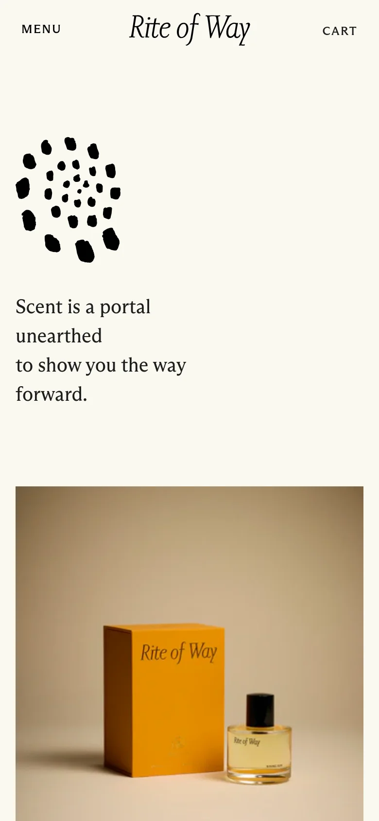 The mobile version uses a single-column layout on a cream background, centering the black dotted graphic and introductory text. The product display is simplified to large, full-width images, and the navigation is condensed into a 'MENU' button and 'CART' link flanking the central brand logo.