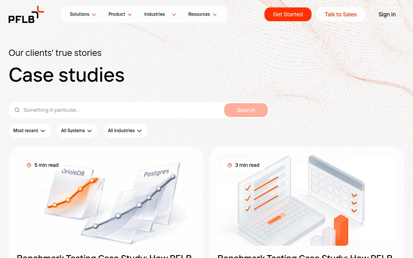The desktop page features a large hero section with a white background and a subtle orange dot pattern, headlined 'Case studies'. Below the headline is a search bar and three dropdown filters for 'Most recent', 'All Systems', and 'All Industries'. The main content consists of a grid of large white cards, each containing a 3D technical illustration, a reading time indicator, a title, a date, and a brief summary of a performance testing success story.