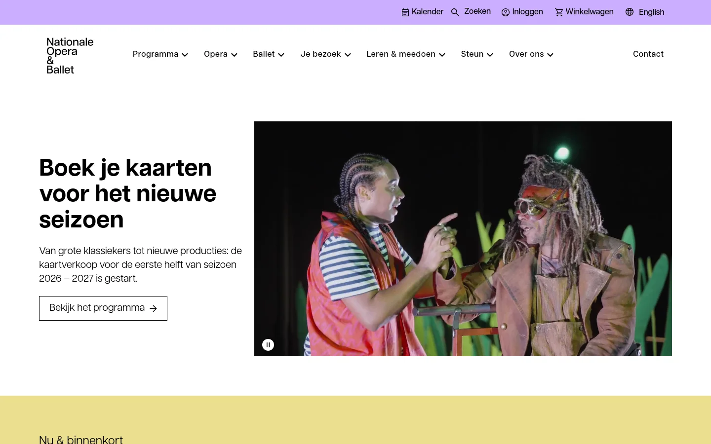 The desktop homepage features a white background with a large hero section containing a headline about booking tickets for the new season and a large video player showing performers. Below the hero, a grid layout displays upcoming events with large images, titles, dates, and 'Tickets & info' buttons. The navigation menu is at the top, including links for Program, Opera, Ballet, and more.