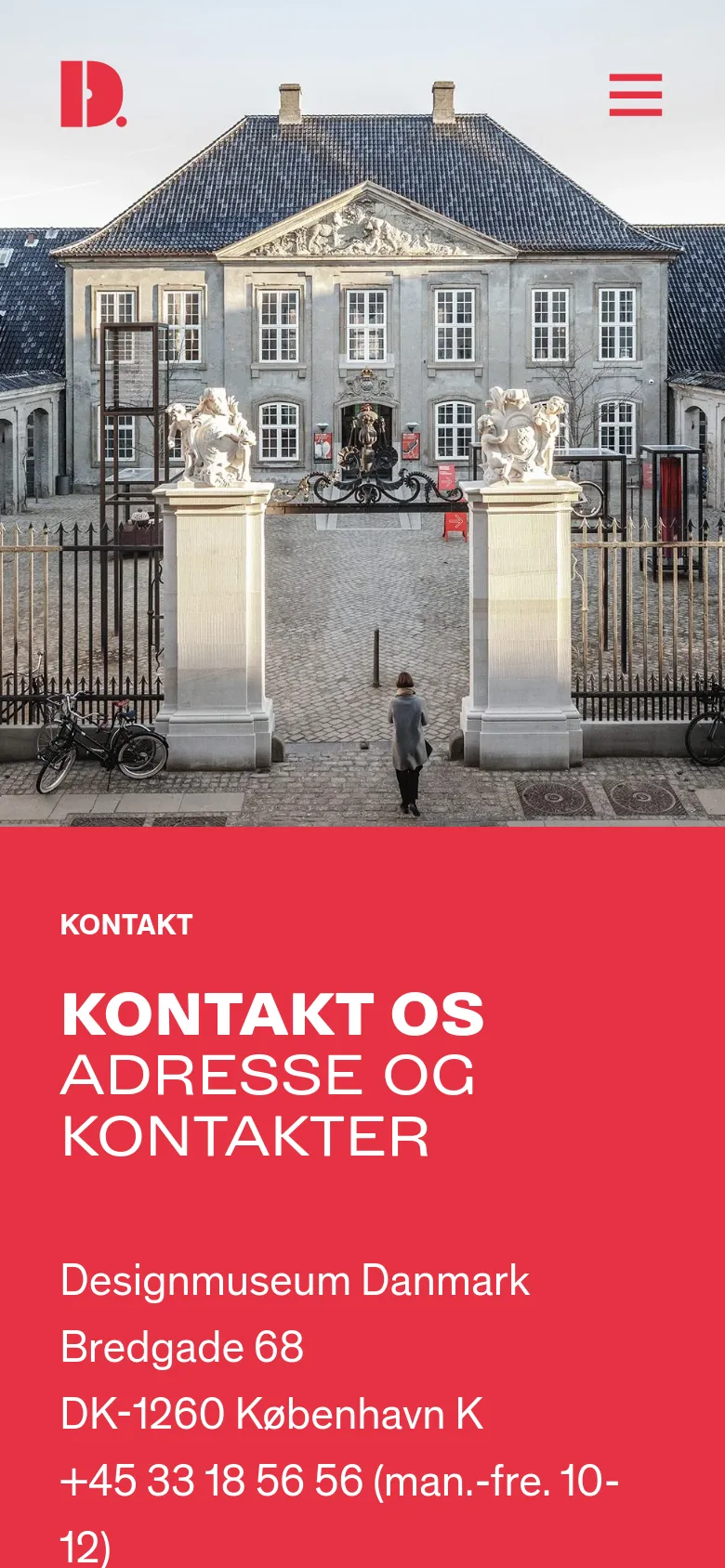The mobile version presents a vertical layout with the large building photograph at the top, followed by a red section containing the contact headline and address details. A red hamburger menu icon is visible in the top right corner against the sky in the photo.