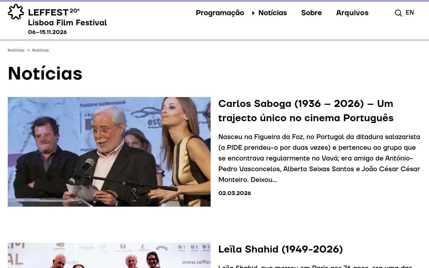 The desktop news page features a clean white background with a top navigation bar containing the LEFFEST logo, menu links, and a search icon. A large 'Notícias' heading is followed by a vertical list of news articles, each consisting of a large landscape image on the left and a headline, summary text, date, and 'Mais informação' link on the right.