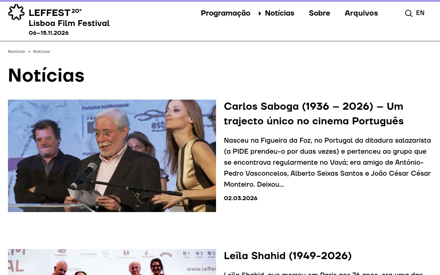The desktop news page features a clean white background with a top navigation bar containing the LEFFEST logo, menu links, and a search icon. A large 'Notícias' heading is followed by a vertical list of news articles, each consisting of a large landscape image on the left and a headline, summary text, date, and 'Mais informação' link on the right.