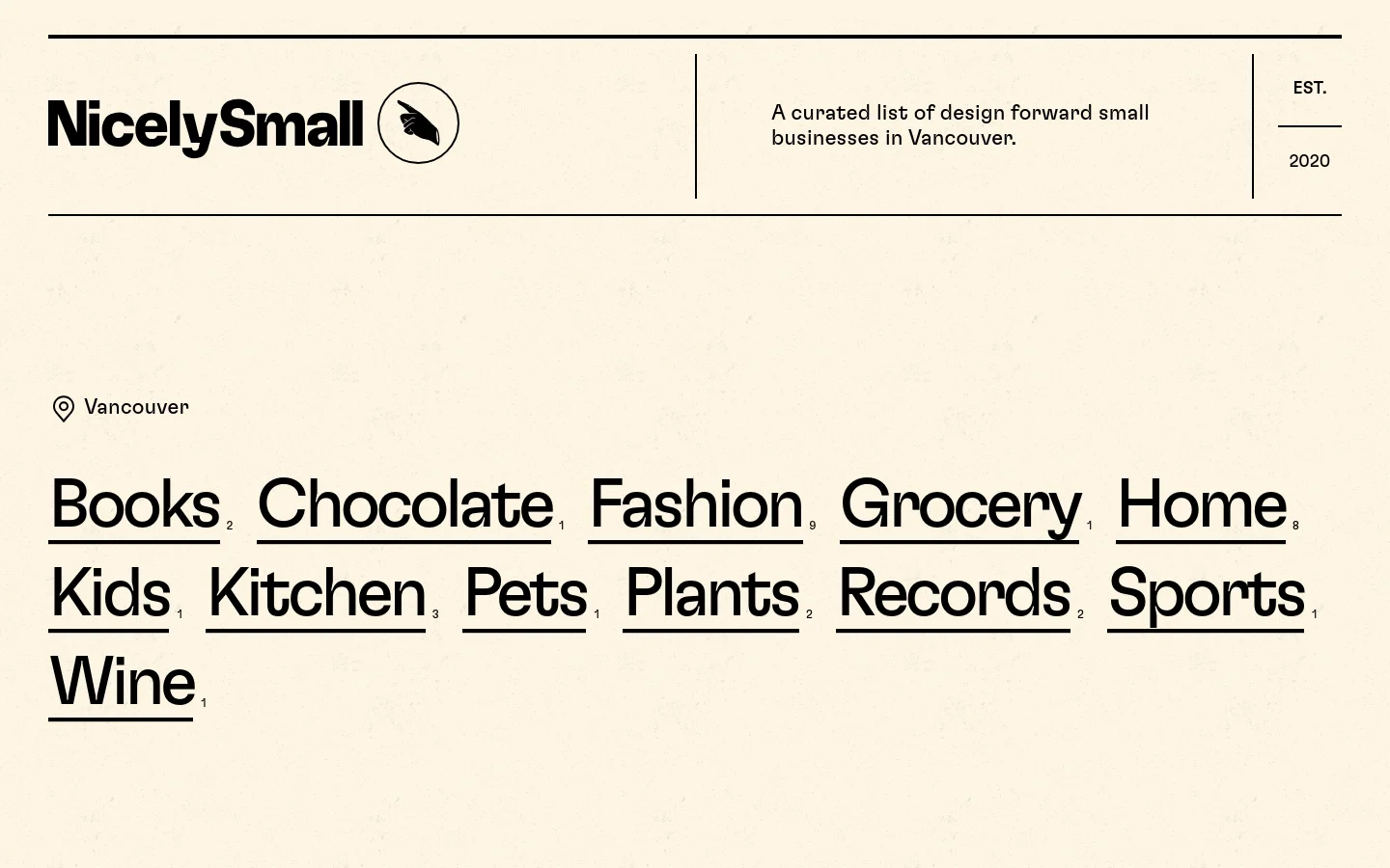 The desktop homepage for NicelySmall features a minimalist design with a cream background and black text. A header contains the logo, a tagline describing the site as a curated list of Vancouver businesses, and the establishment year. Below, a large, bold typographic menu lists various business categories like Books, Chocolate, and Fashion, each underlined and followed by a small number.