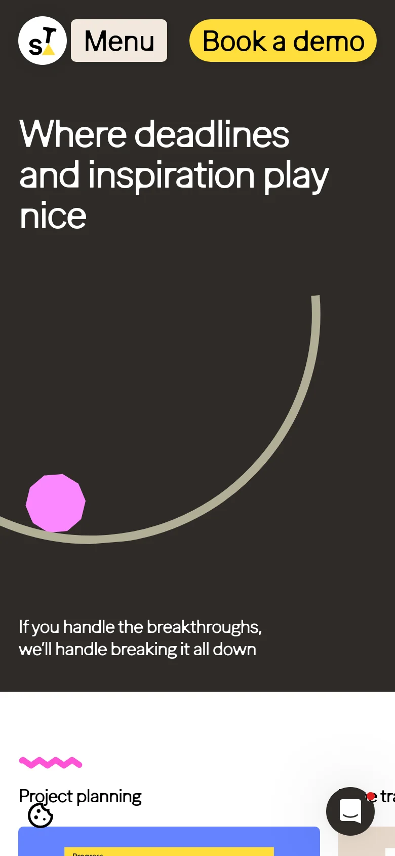 The mobile version presents a vertically stacked layout with the same dark background and large white headline. The navigation is condensed into a 'Menu' button and a prominent yellow 'Book a demo' button. The minimalist graphic of the pink octagon on a curved line is scaled down to fit the narrower screen width.