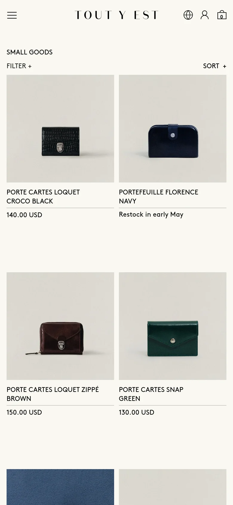 The mobile version presents a simplified layout with a hamburger menu icon and a centered brand logo at the top. The product grid shifts to a two-column view, showing items like the Porte Cartes Loquet and Portefeuille Florence with their respective prices and availability notes. The overall aesthetic remains clean and high-contrast with ample white space.