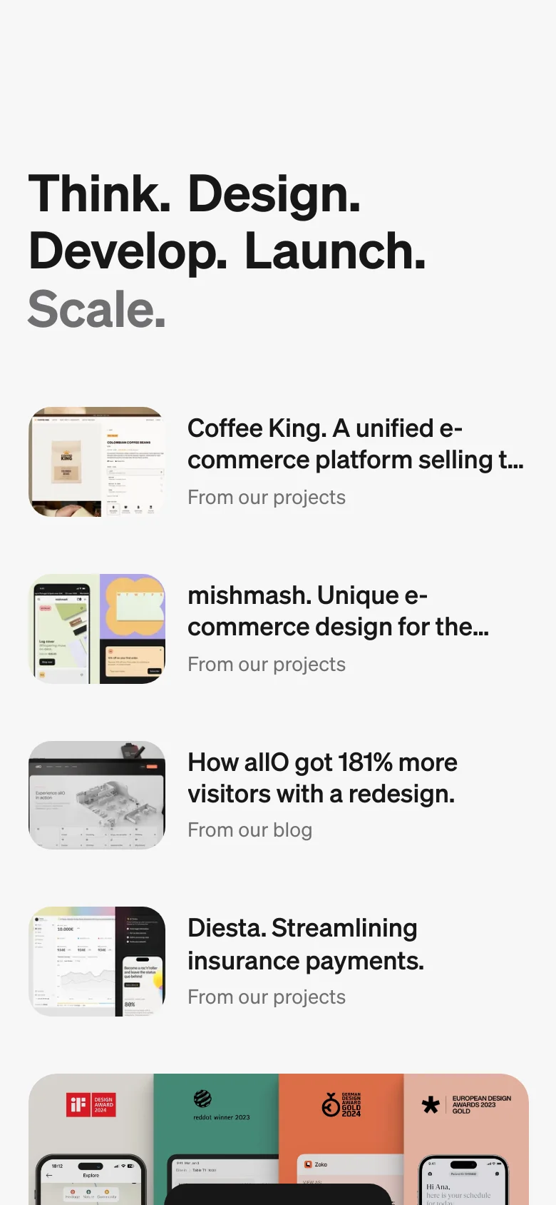 The mobile version presents a vertically stacked layout of the same content. The large hero headline appears at the top, followed by a single-column list of project cards that span the width of the screen. The award section below transitions from a horizontal row to a vertical stack of large, colorful blocks.