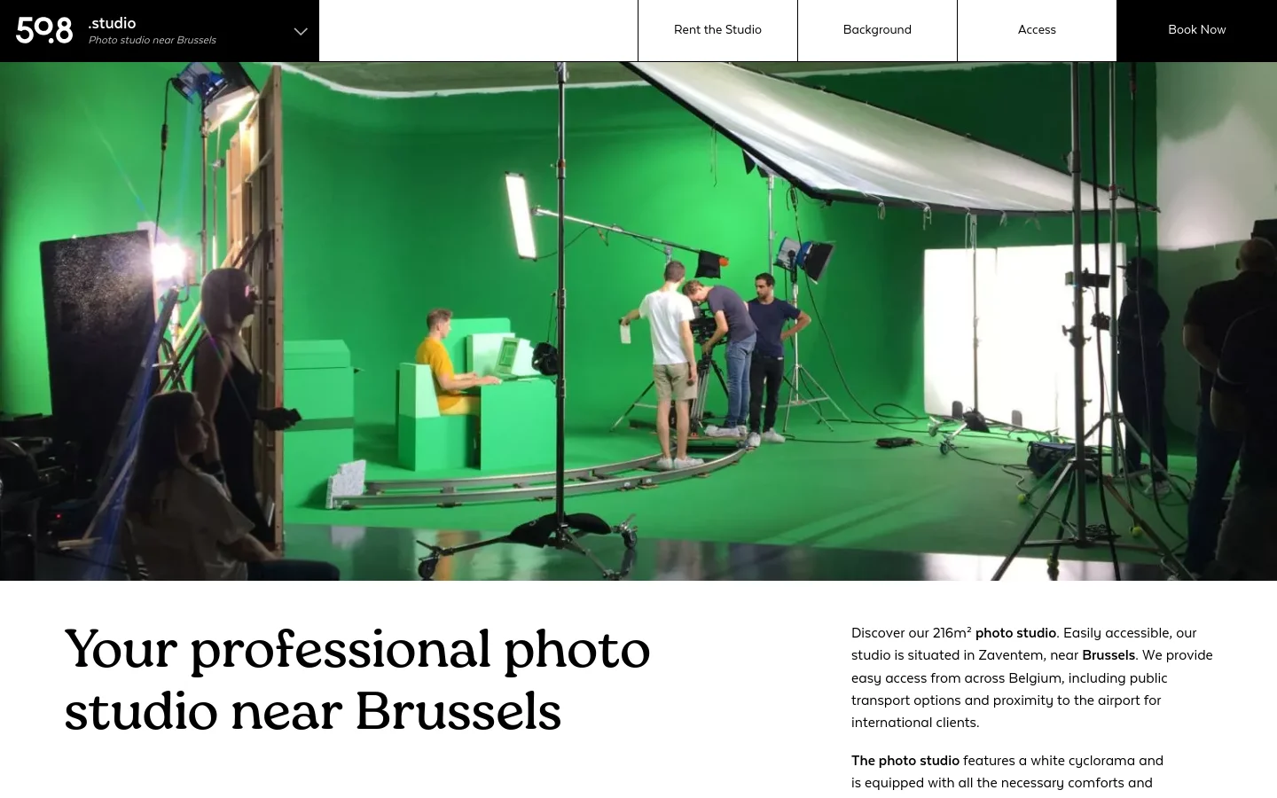 The desktop homepage features a large hero image of a professional photo shoot in a green cyclorama studio. Below the image, a large serif headline reads 'Your professional photo studio near Brussels' next to descriptive text, with a clean white background and black text.