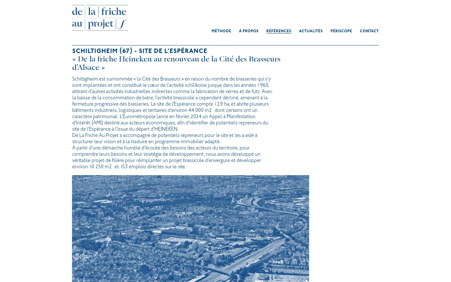 The desktop page features a clean, minimalist layout with a white background and dark blue text. A horizontal navigation menu is at the top, followed by a large headline 'SCHILTIGHEIM (67) - SITE DE L’ESPÉRANCE' and several paragraphs of descriptive text. An aerial landscape photograph of an industrial site is positioned at the bottom.