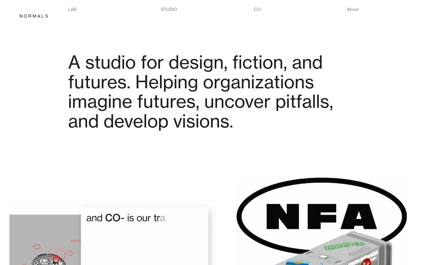 The desktop homepage features a minimalist white background with a large, bold black headline describing the studio's mission. A navigation menu is at the top, and the layout uses a grid of large, high-contrast image tiles representing various projects, including 'New Future Archetypes' and 'Future Festivals.'