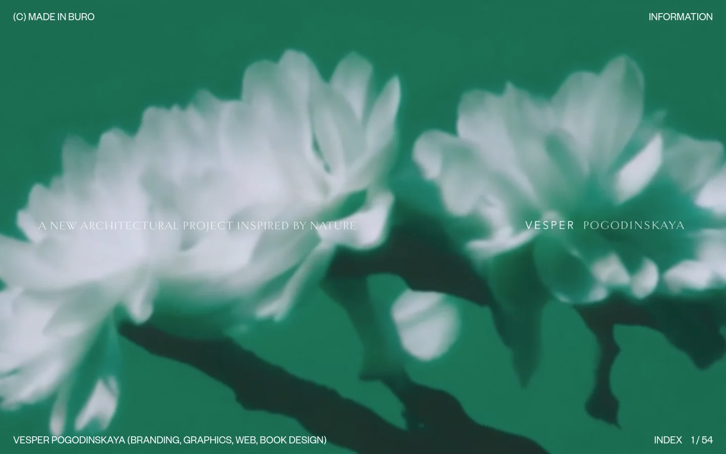 The desktop homepage features a minimalist design with a large, blurred green and white floral hero image. The text '(C) MADE IN BURO' is in the top left, 'INFORMATION' is in the top right, and the central headline reads 'A NEW ARCHITECTURAL PROJECT INSPIRED BY NATURE' above the project title 'VESPER POGODINSKAYA'. At the bottom, the project services are listed alongside an 'INDEX 1 / 54' navigation indicator.