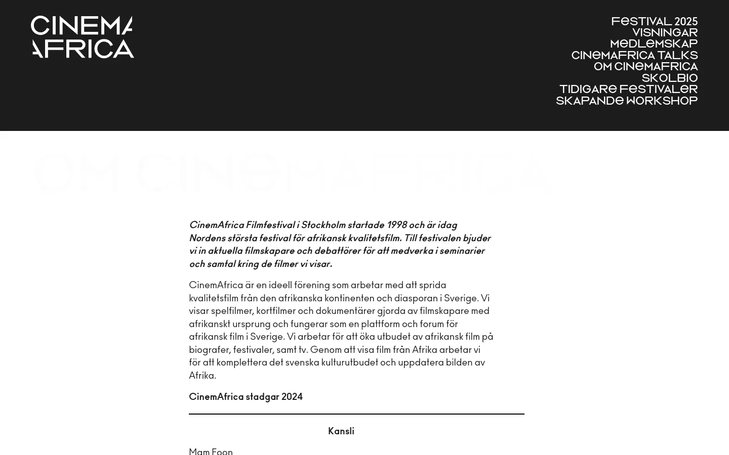 The desktop page features a dark header with the white CinemAfrica logo on the left and a navigation menu on the right. Below, a clean white content area displays the headline 'OM CINEMAFRICA' in large black capital letters, followed by descriptive text about the film festival, a link to the statutes, and lists of office staff and board members organized by section.