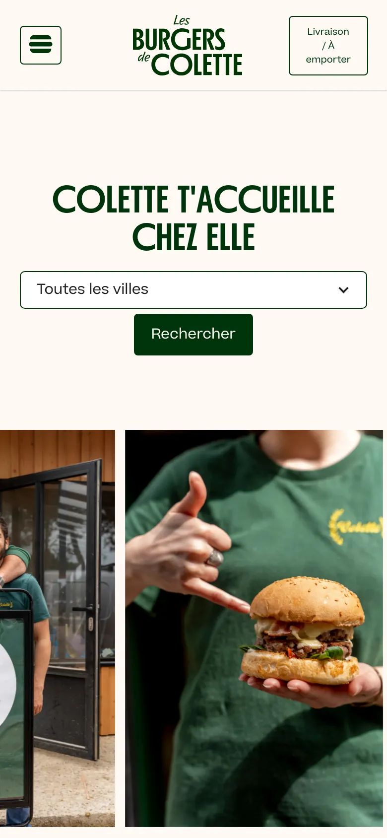 The mobile version presents a vertically stacked layout with the logo and a 'Livraison / À emporter' button at the top. The central headline and search functionality remain prominent, followed by large, full-width images of people enjoying burgers and food, creating a more focused scrolling experience.