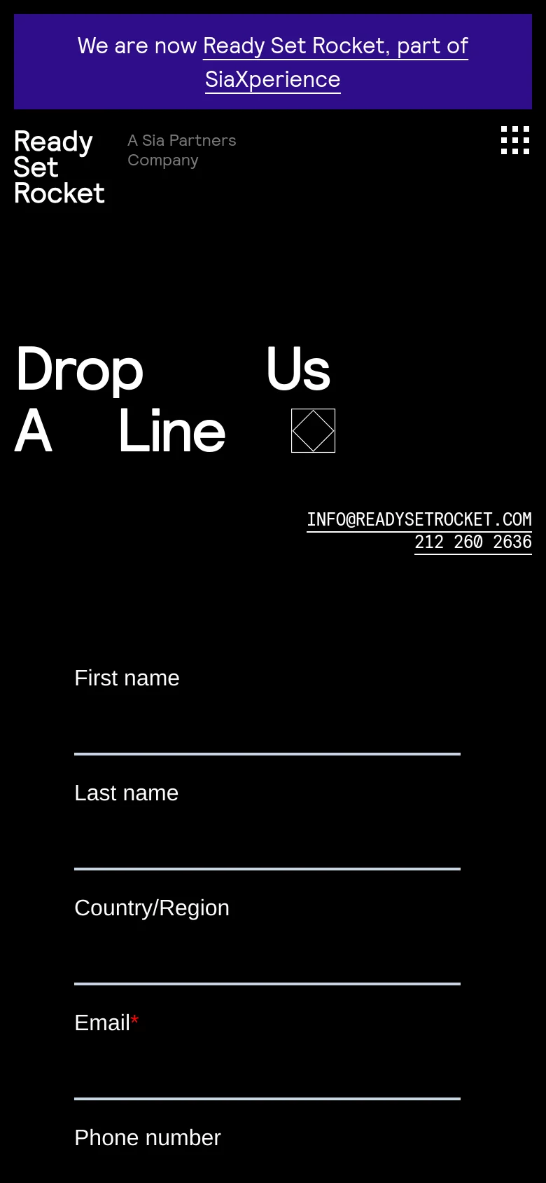 The mobile version maintains the dark theme and purple announcement banner but stacks the content vertically. The 'Drop Us A Line' headline and contact information are centered, followed by a single-column contact form that spans the width of the screen for easier scrolling.