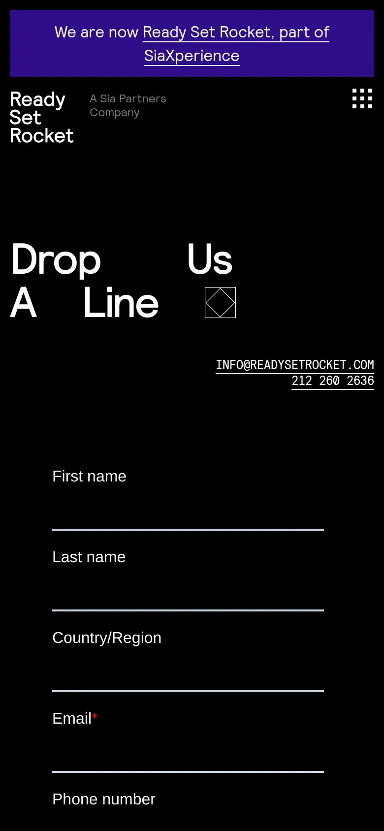 The mobile version maintains the dark theme and purple announcement banner but stacks the content vertically. The 'Drop Us A Line' headline and contact information are centered, followed by a single-column contact form that spans the width of the screen for easier scrolling.