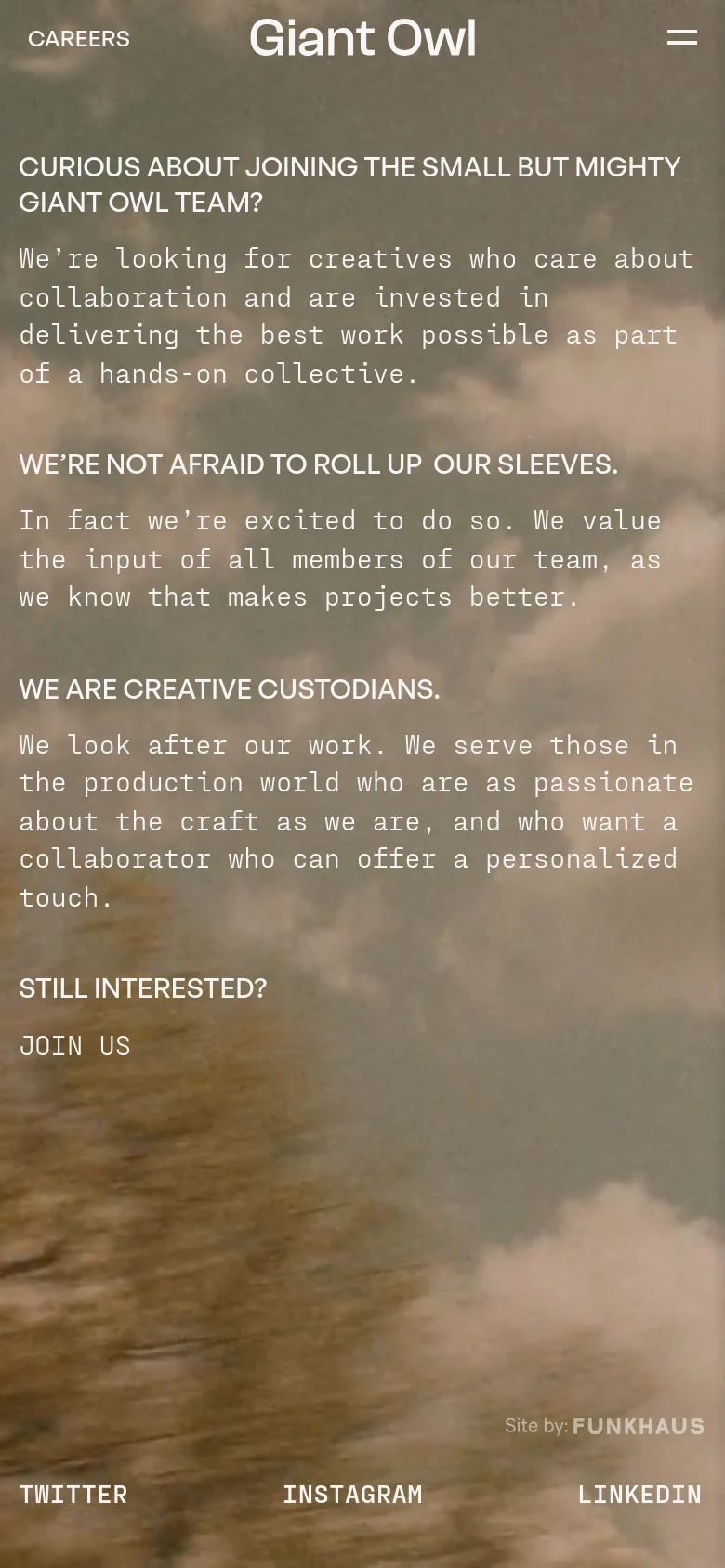 The mobile version maintains the same textured brown background and white text but uses a vertical stack layout. The top navigation is condensed into a hamburger menu icon, and the text sections are centered and scaled for a smaller screen. The social media links are positioned at the bottom of the page.