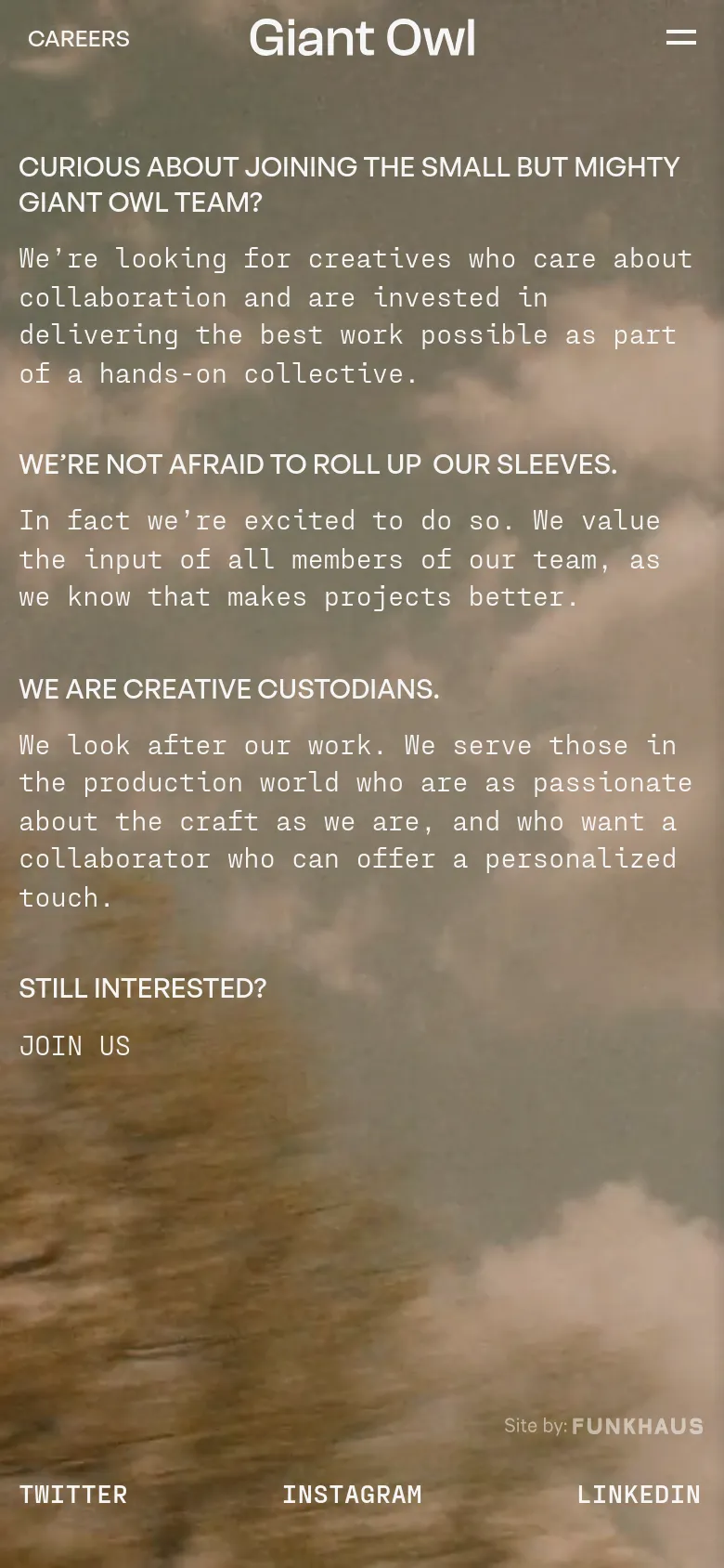 The mobile version maintains the same textured brown background and white text but uses a vertical stack layout. The top navigation is condensed into a hamburger menu icon, and the text sections are centered and scaled for a smaller screen. The social media links are positioned at the bottom of the page.