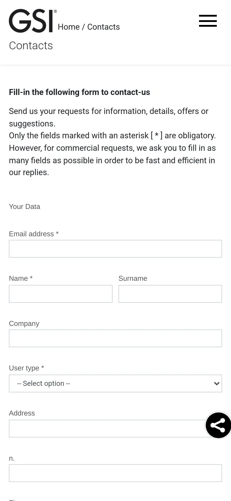 The mobile version presents a simplified vertical layout with the GSI logo and a hamburger menu icon at the top. The contact form fields are stacked vertically to fit the narrow screen, maintaining the same white background and minimalist design as the desktop version.