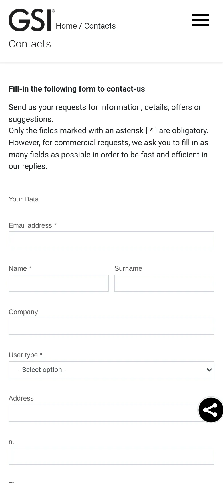 The mobile version presents a simplified vertical layout with the GSI logo and a hamburger menu icon at the top. The contact form fields are stacked vertically to fit the narrow screen, maintaining the same white background and minimalist design as the desktop version.