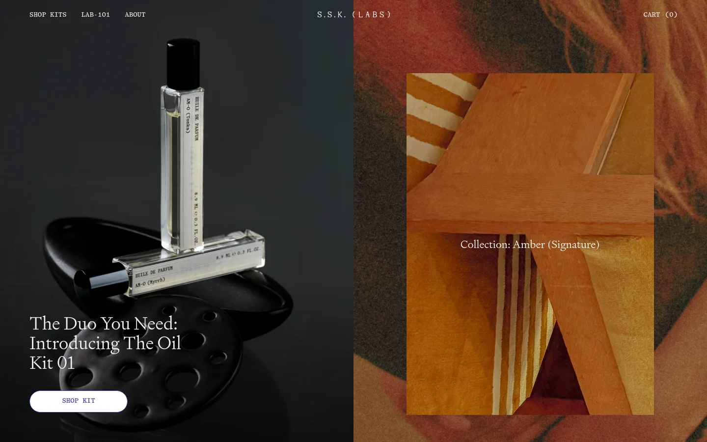 The desktop homepage features a split-screen hero section with a dark product shot of glass fragrance vials on the left and an abstract amber-toned image on the right. A navigation bar at the top includes links for Shop Kits, Lab-101, About, and Cart. The layout uses a minimalist aesthetic with high-contrast white text on dark backgrounds and a prominent 'Shop Kit' call-to-action button.