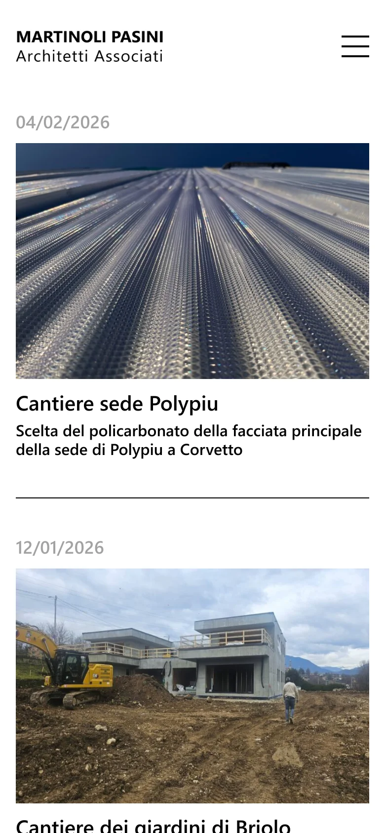 The mobile version maintains the minimalist white aesthetic but uses a centered logo and a hamburger menu icon for navigation. The news feed transitions to a single-column layout where images, headlines, and text are stacked vertically to fit the narrower screen width.