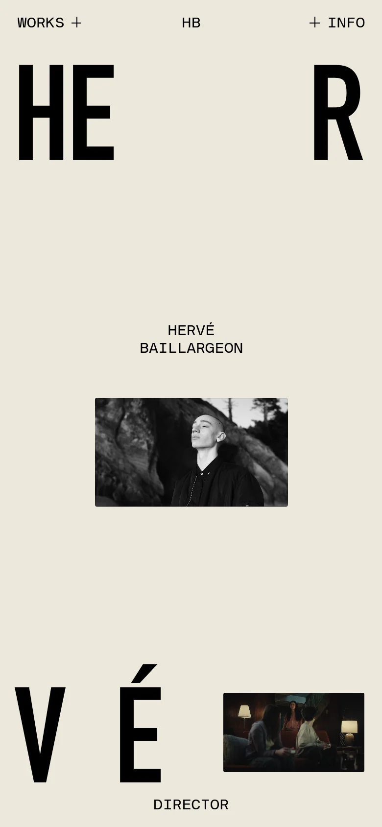 The mobile version maintains the minimalist cream and black aesthetic but reorganizes the elements into a vertical stack. The large typography is centered, the navigation links are moved to the top, and the cinematic imagery is scaled to fit the narrower width of the screen.